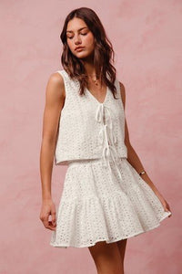 White Eyelet Tiered Elastic Smocked Waist Mini Skirt | So Me