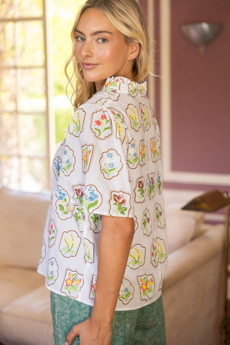 White Framed Floral Embroidered V-Neck Top