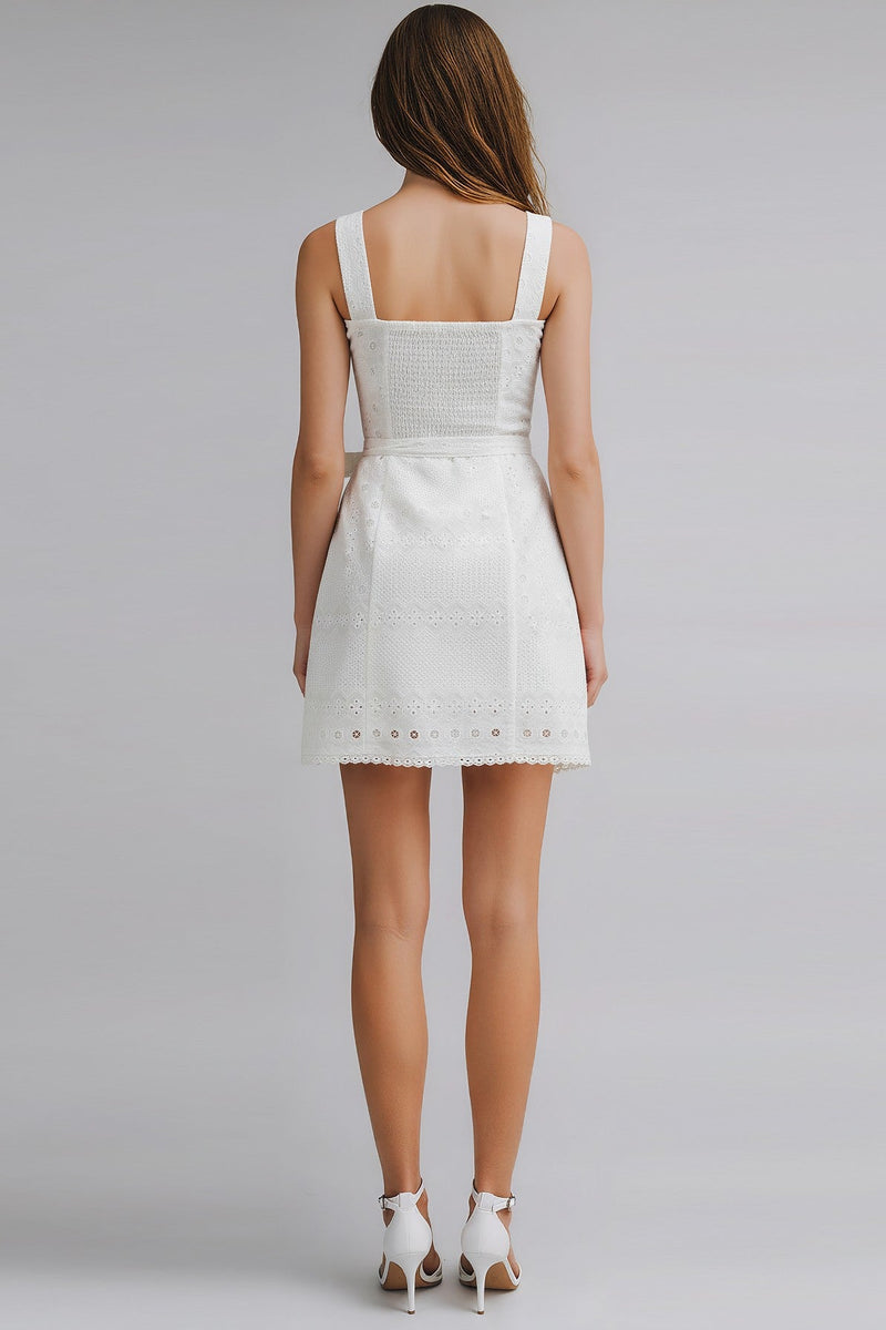 white lace wrap dress Le Lune Faux Wrap Lace Mini Dress