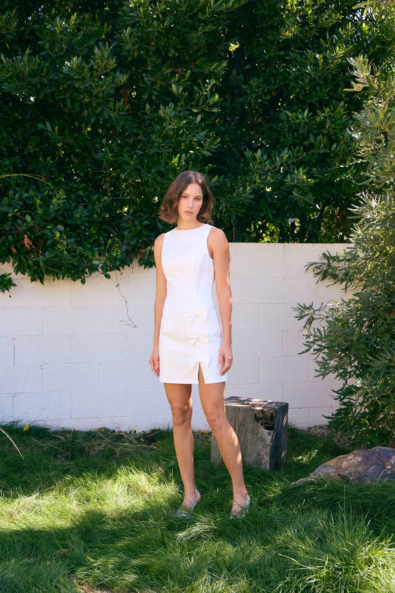 eliza bow side-slit mini dress White Sleeveless Mini Dress with Side Slit and Bows