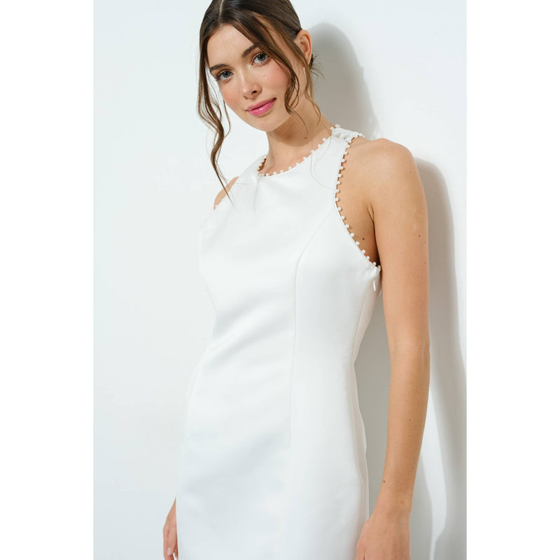 White Sleeveless Pearl Embellished Bow Back Mini Dress White Sleeveless Pearl Embellished Bow Back Mini Dress