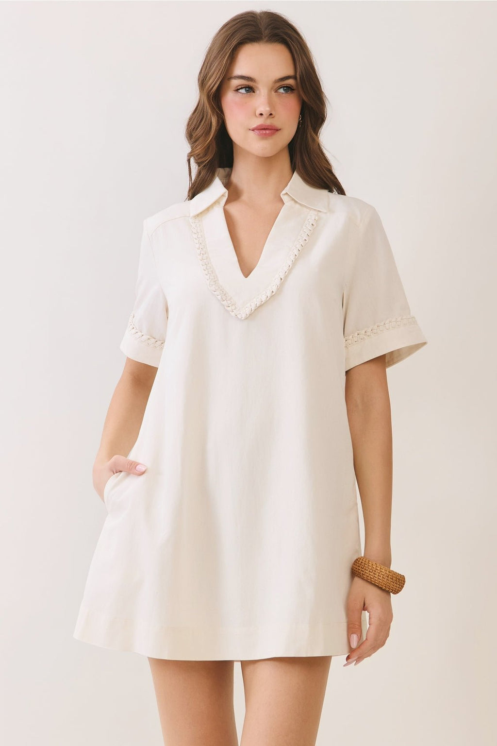 shift dress with v neck White V-Neck Short Sleeve Collared Braided Trim and Pockets Large 24.8 Hips Product ID:AP1E211223_DE980_P Retro theme party outfit Waist:32W