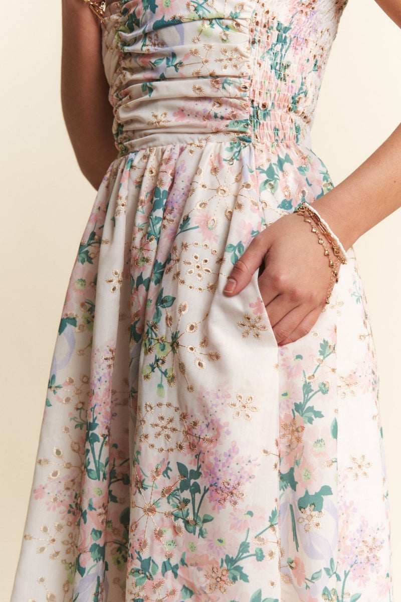 Women's Pastel Floral Eyelet Lined Midi Dress with Pockets