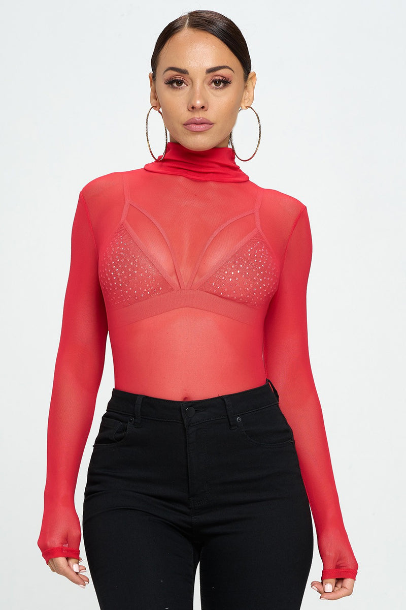 Red Mesh Bodysuit with Mock Turtle Neck Sissy Boutique