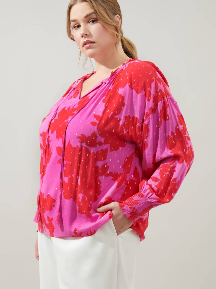 PINK AND RED V-NECK BLOUSE WITH GOLD FLECKS WITH STRING AND TASSEL-Sugarlips-Sissy Boutique
