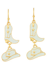 WHITE AND GOLD ENAMEL COWBOY BOOT AND HAT DANGLE EARRINGS-Sissy Boutique-Sissy Boutique