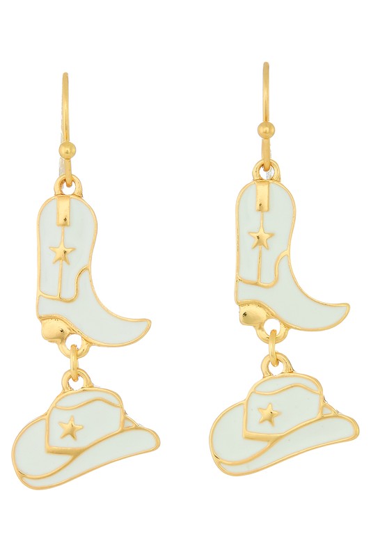 White and Gold Enamel Cowboy Boot and Hat Dangle Earrings Sissy Boutique