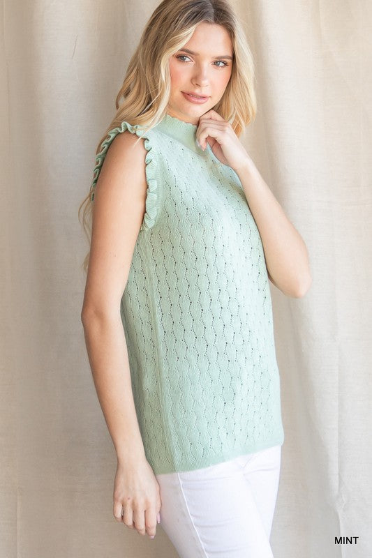 SOLID SLEEVELESS MOCK-NECK SWEATER WITH RUFFLE DETAIL-Sissy Boutique-Sissy Boutique