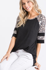 Black Short Sleeve Plus Top with Leopard Contrast Sissy Boutique