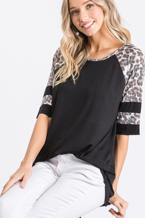 BLACK SHORT SLEEVE PLUS TOP WITH LEOPARD CONTRAST-Sissy Boutique-Sissy Boutique