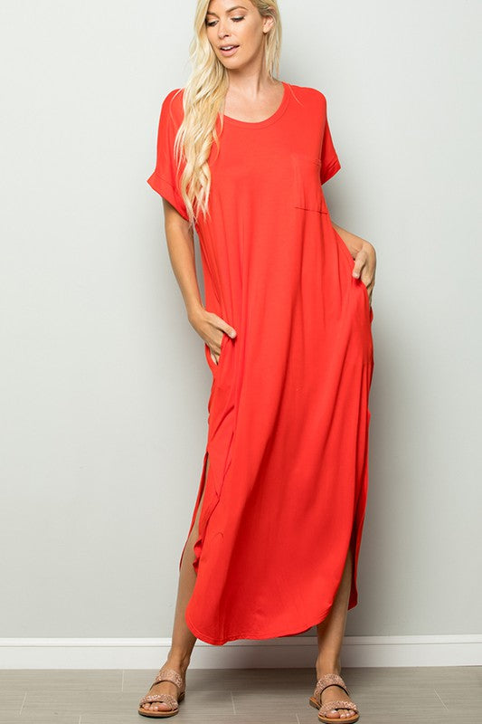 Coral Maxi Dress with Front Pocket & Side Slits Sissy Boutique