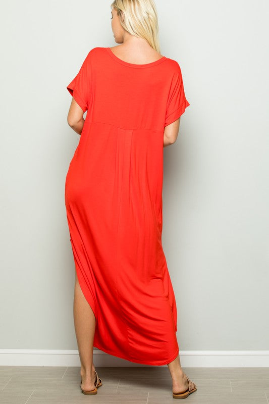 CORAL MAXI DRESS WITH FRONT POCKET & SIDE SLITS-Sissy Boutique-Sissy Boutique