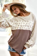 Taupe French Terry Knit Color-Block with Leopard Boatneck Top Sissy Boutique