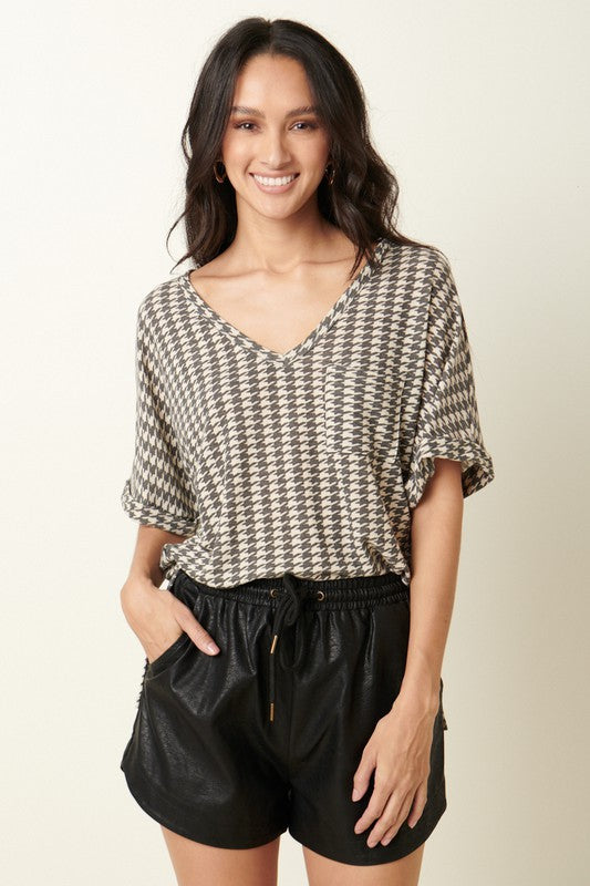 Houndstooth V-Neck French Terry Top Sissy Boutique