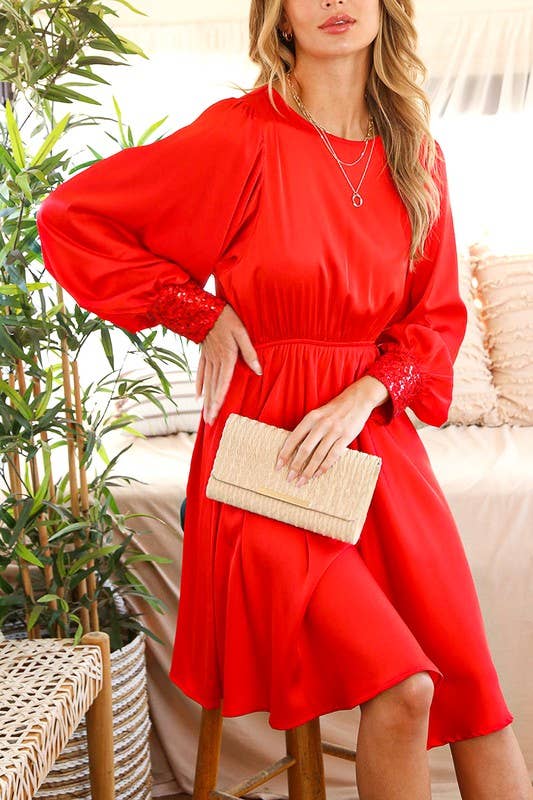 RED PUFF LONG SLEEVE SATIN DRESS WITH SEQUIN CUFFS-Vine & Love-Sissy Boutique