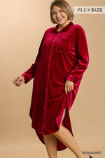 RED BUTTON DOWN VELVET COLARED MIDI DRESS CURVY/PLUS-Sissy Boutique-Sissy Boutique
