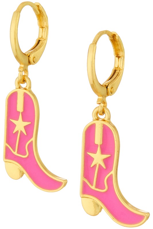 Pink Cowboy Boots Enamel Huggie Drop Earrings Sissy Boutique