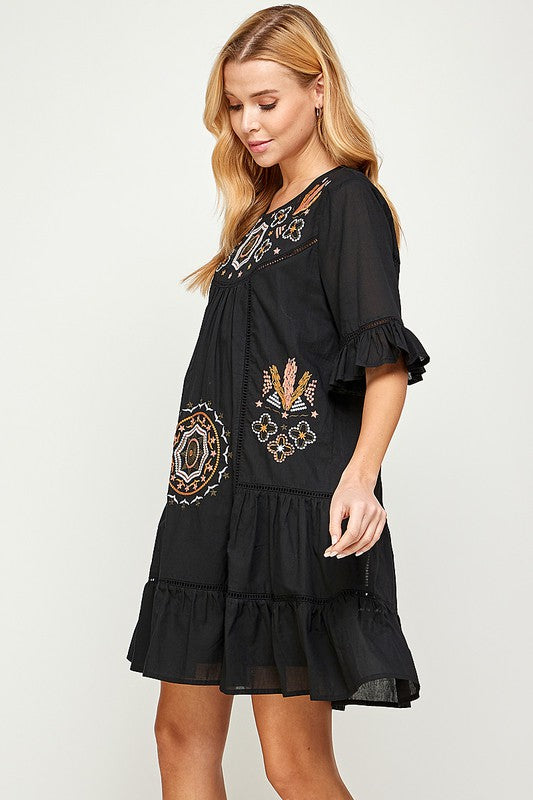 Black Short Sleeved Dress with Embroidered Detail Sissy Boutique