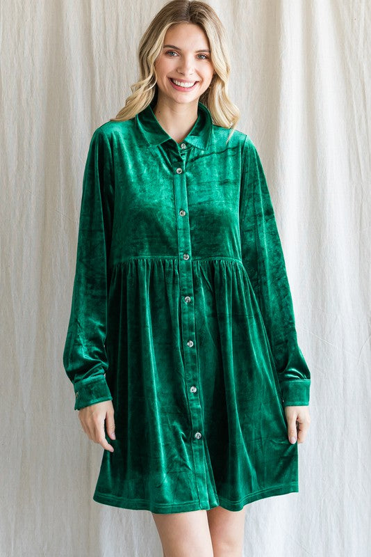Emerald Green Velvet Button Down Baby Doll Dress Sissy Boutique