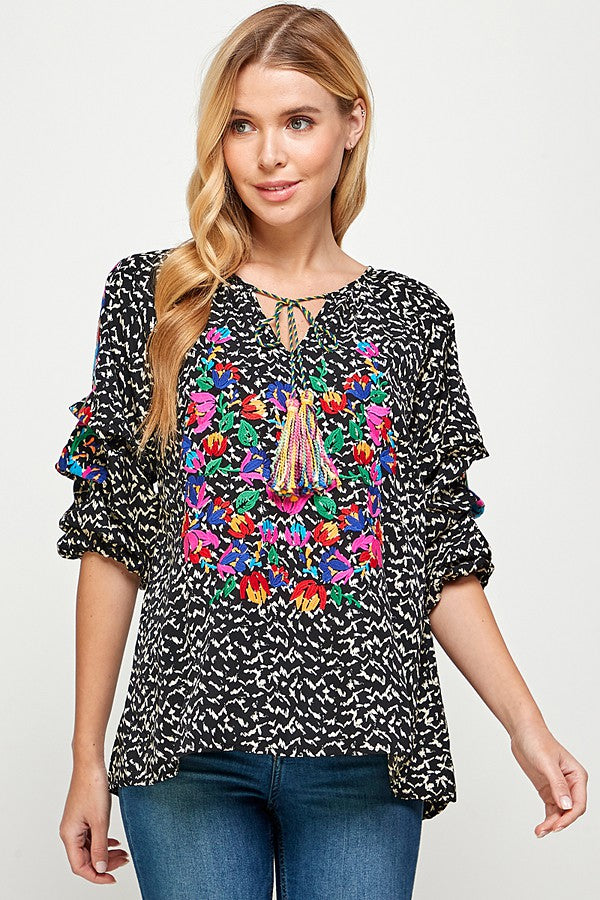 Black and White Floral Embroidery Tucked Top with Tassels Sissy Boutique
