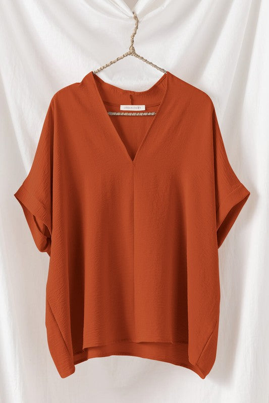 Rust Oversized V-neck Folder Short Sleeve Top-Sissy Boutique-Sissy Boutique