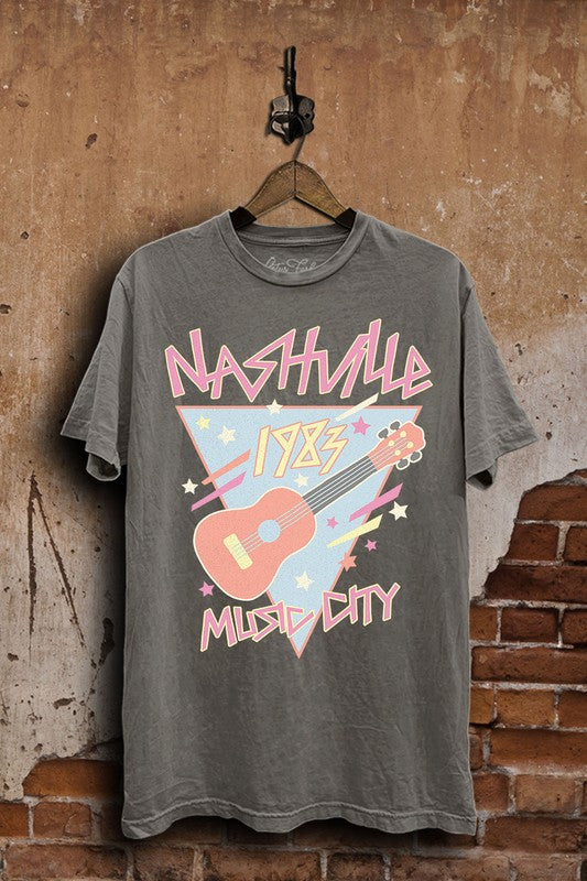 NASHVILLE MUSIC CITY ON A STONE GRAY MINERAL WASHED TEE-Sissy Boutique-Sissy Boutique