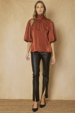 Cinnamon High Neck Bubble Sleeve Top with Tie Back Sissy Boutique