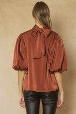 Cinnamon High Neck Bubble Sleeve Top with Tie Back Sissy Boutique