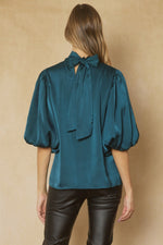 Teal High Neck Bubble Sleeve Top with Tie Back Sissy Boutique