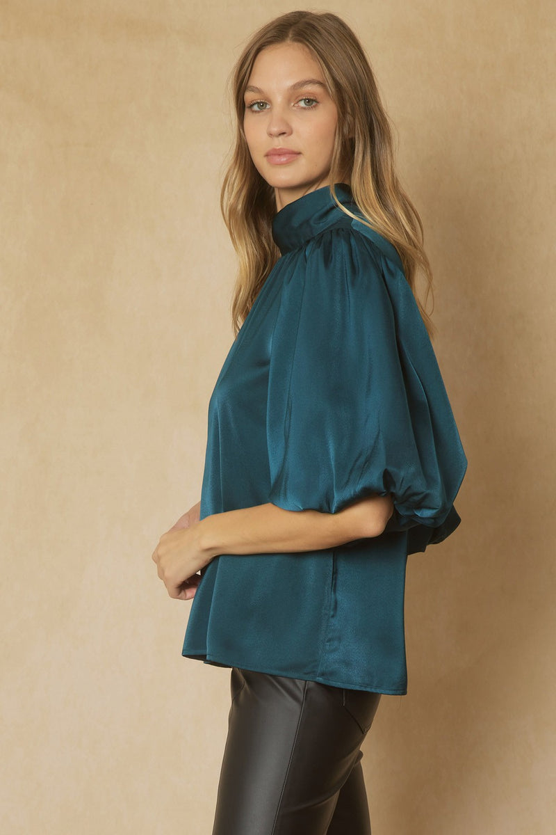 Teal High Neck Bubble Sleeve Top with Tie Back Sissy Boutique