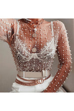 Faux Pearl and White Sheer Mesh Grid Crop Top Sissy Boutique