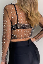 FAUX PEARL AND BLACK SHEER MESH GRID CROP TOP-Sissy Boutique-Sissy Boutique