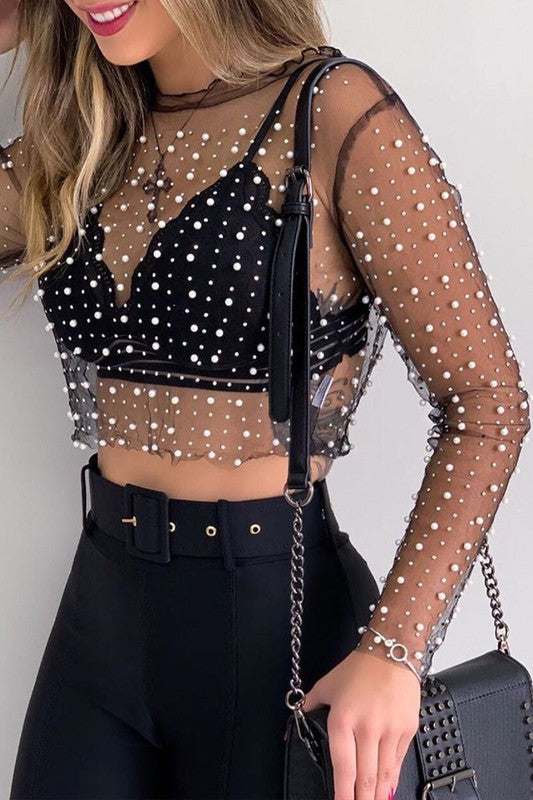 FAUX PEARL AND BLACK SHEER MESH GRID CROP TOP-Sissy Boutique-Sissy Boutique