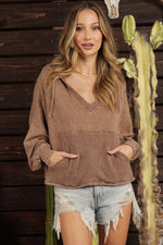 Brown Mineral Washed V-Neck Hooded Pullover with Waffle Detail Sissy Boutique