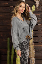 GREY MINERAL WASHED V-NECK HOODED PULLOVER WITH WAFFLE DETAIL-Sissy Boutique-Sissy Boutique