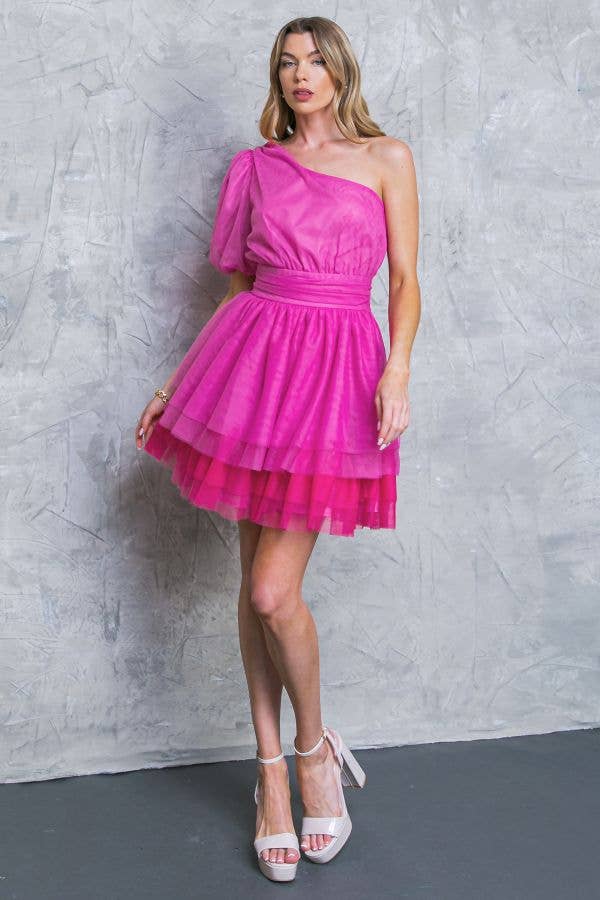 Pink One Shoulder Tulle Mini Dress FLYING TOMATO