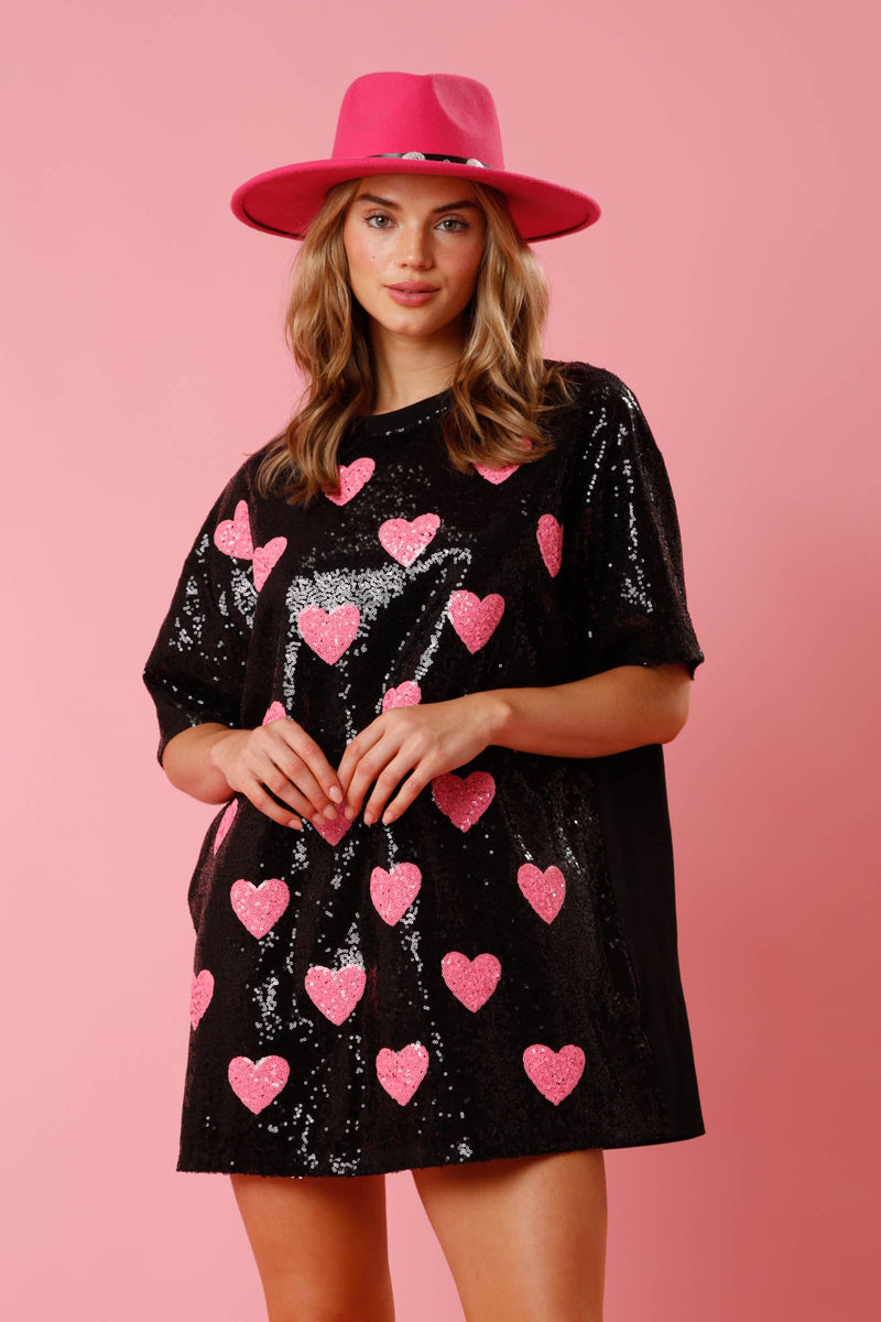 BLACK SEQUINED OVERSIZED SHIRT DRESS WITH PINK HEARTS-Fantastic Fawn-Sissy Boutique