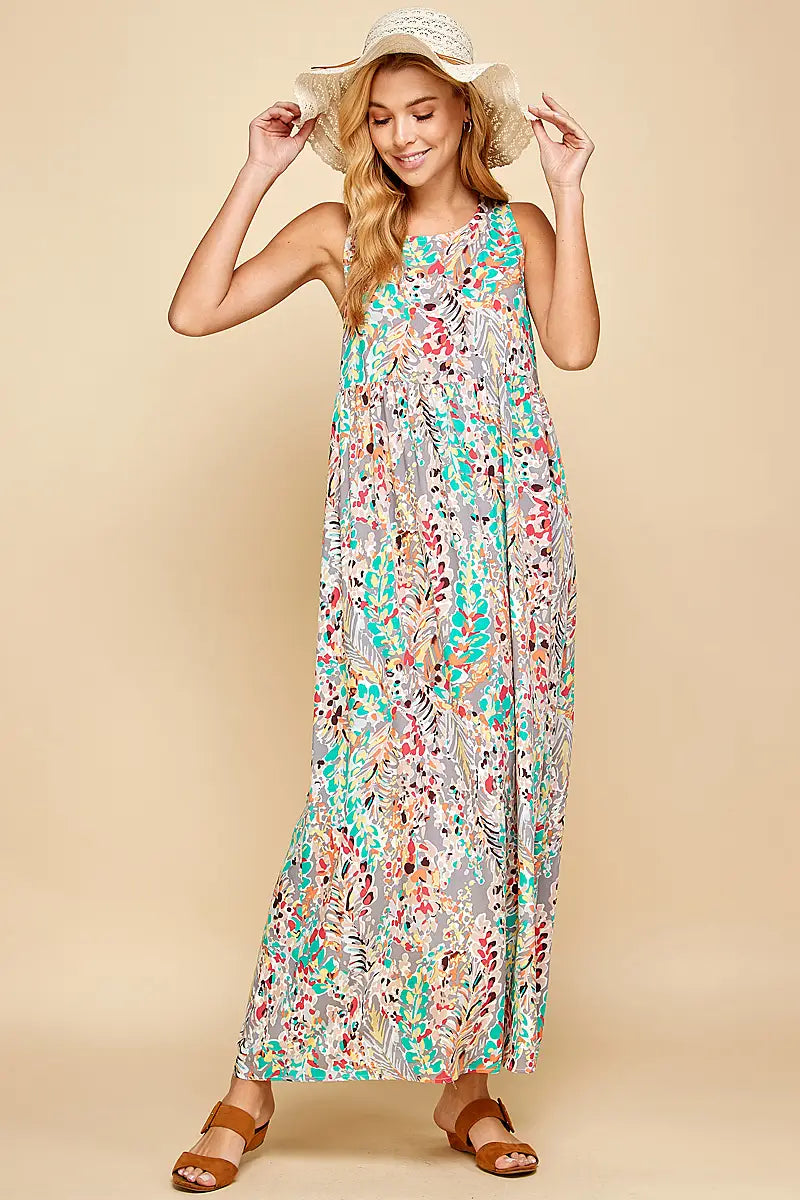 GREY AND MINT FLORAL RACER BACK MAXI WITH POCKETS-Sissy Boutique-Sissy Boutique