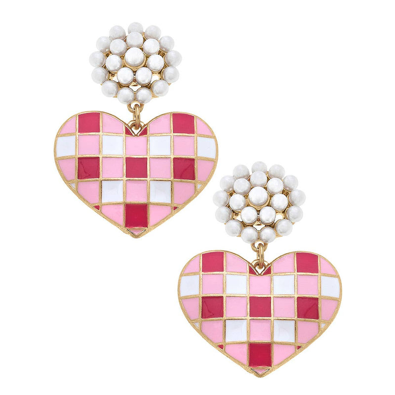 Canvas Style - Emmy Gingham Heart Enamel Earrings in Pink & Fuchsia Canvas Style