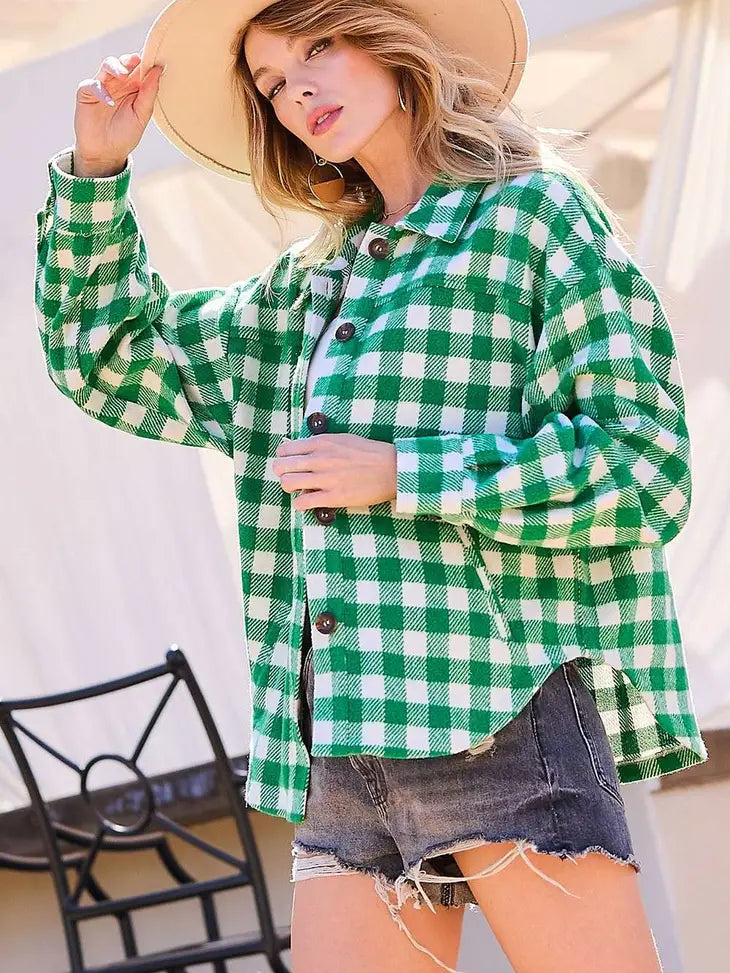 GREEN AND WHITE PLAID BUTTON DOWN OVERSIZED SHACKET WITH SIDE POCKETS-Sissy Boutique-Sissy Boutique