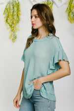 Mint Ruffled Short Sleeved Round Neck Waffle Top Sissy Boutique