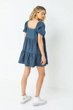Denim Mini Dress with Square Neckline and Bubble Short Sleeves Sissy Boutique