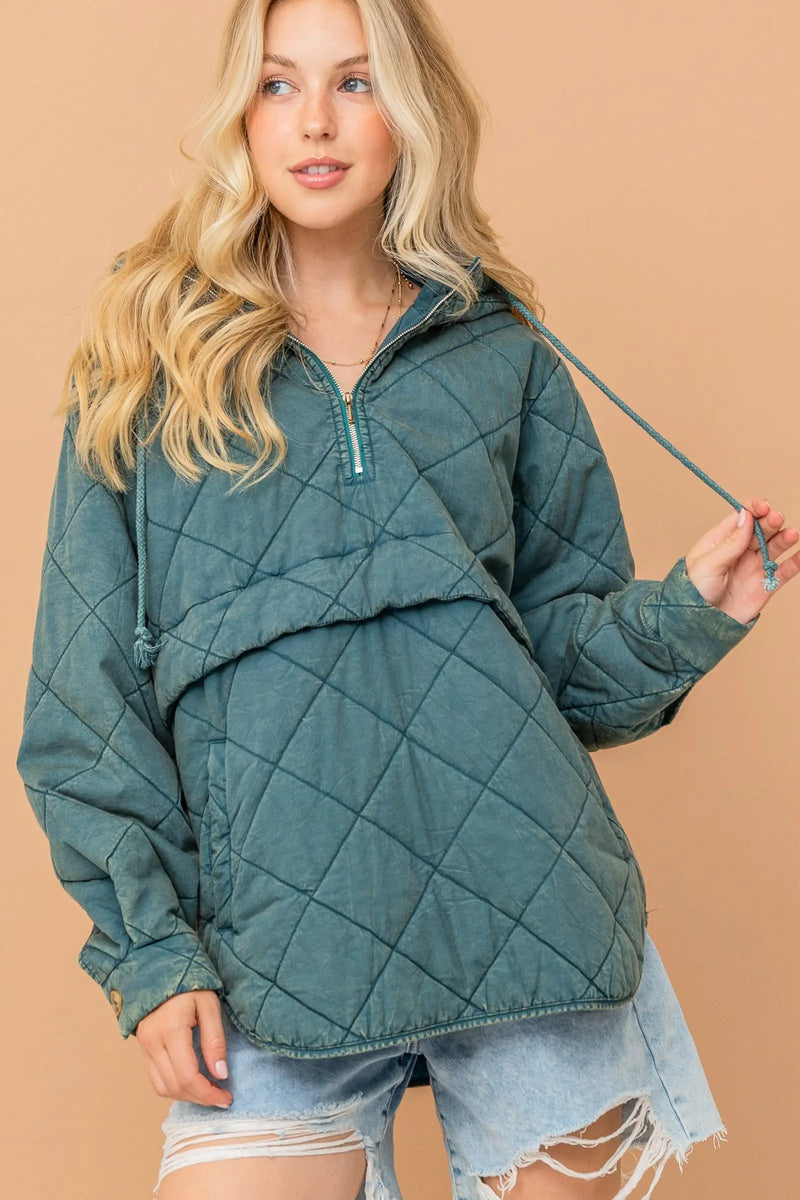 Teal Washed Quilting and Padding Halff Zip-up Hoodie Sissy Boutique