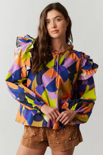 ABSTRACT NAVY ORANGE AND LIME POPLIN LONG SLEEVE BLOUSE-Peach Love California-Sissy Boutique