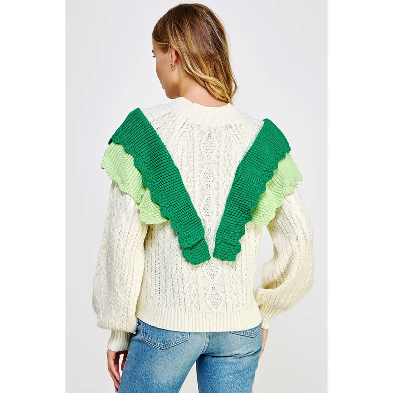 Contrast Ruffled Accent Cable Knit Sweater: Off-white/ Emerald Strut & Bolt