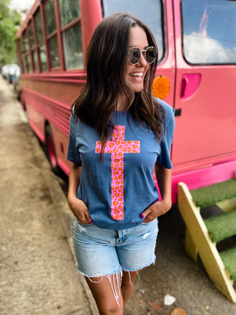 WILD ABOUT JESUS NAVY CREWNECK SHORT SLEEVE GRAPHIC TEE WITH CORAL AND PINK CROSS-Sissy Boutique-Sissy Boutique
