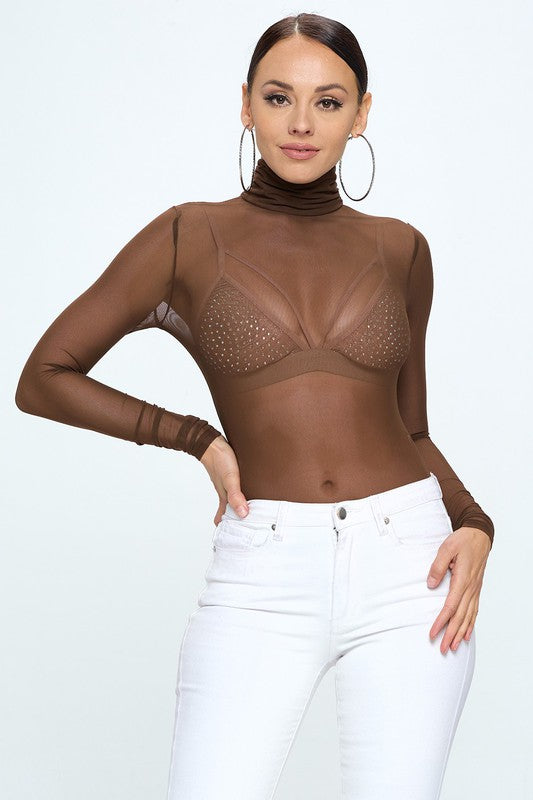 CHOCOLATE BROWN MESH BODYSUIT WITH MOCK TURTLENECK-Sissy Boutique-Sissy Boutique