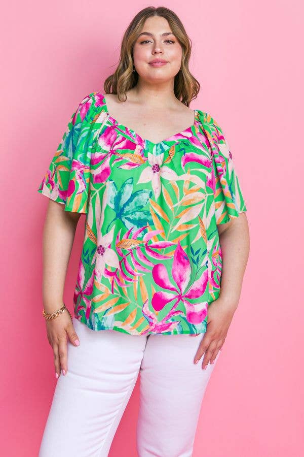 Green Floral Plus Top-FLYING TOMATO-Sissy Boutique