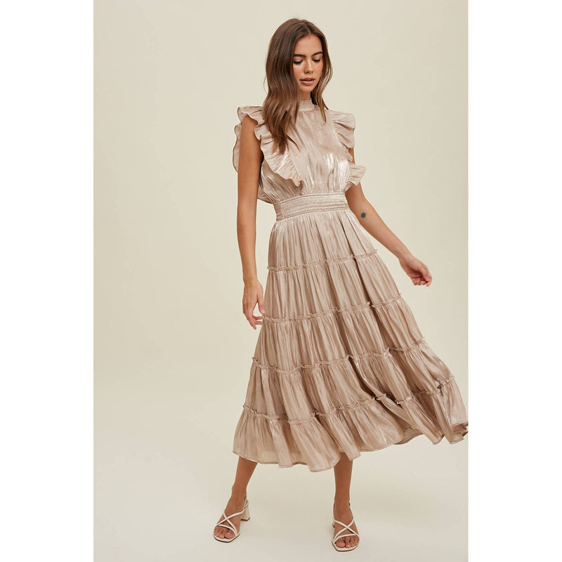 CHAMPAGNE ORGANZA TIERED MIDI DRESS WITH RUFFLE DETAIL-Wishlist Apparel-Sissy Boutique