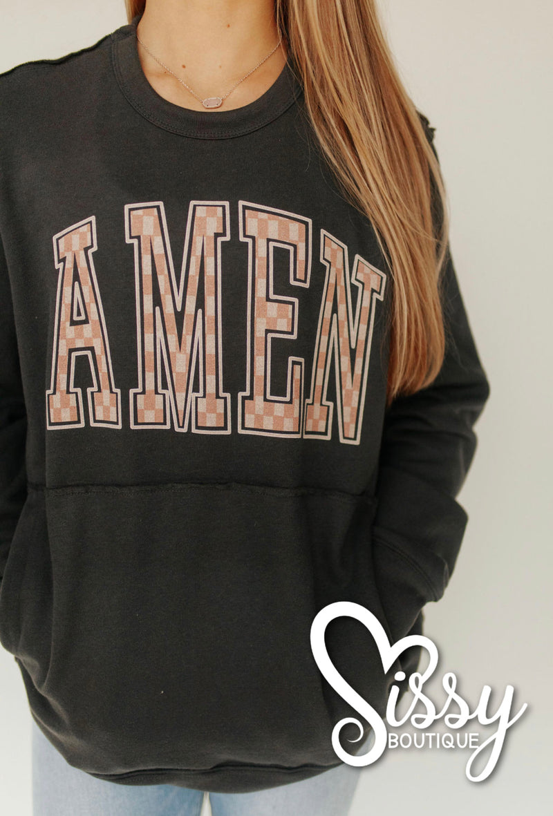PINK AND WHITE CHECKERED AMEN PULLOVER/SWEATSHIRT WITH FRONT POCKET-Sissy Boutique-Sissy Boutique